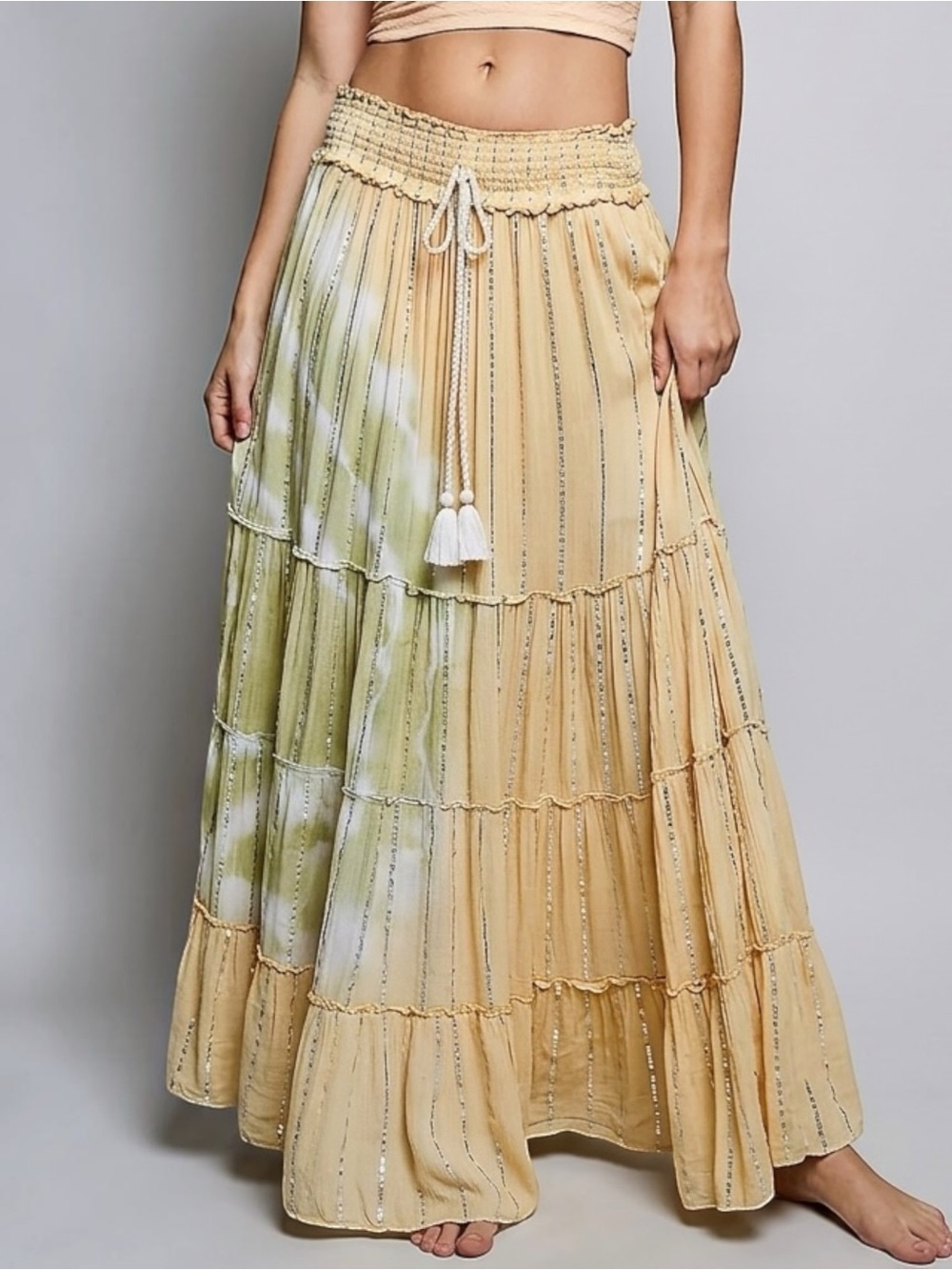 Boho Tie-Dye Maxi Skirt in Pale Yellow